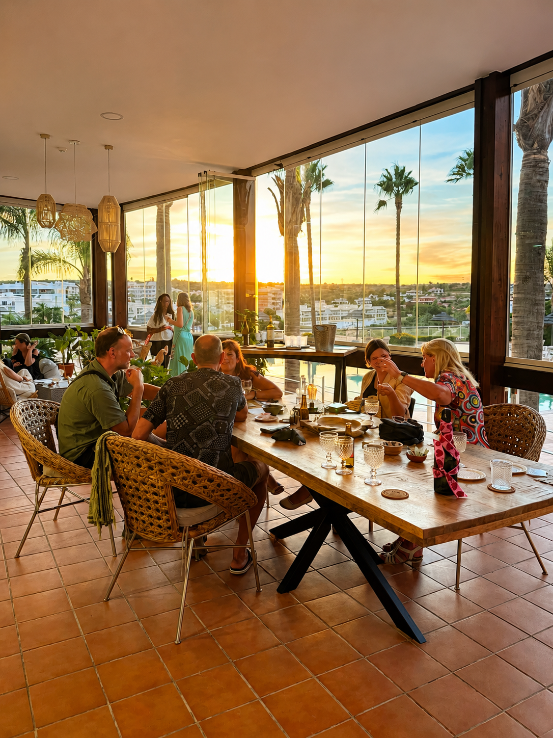 Nomads and members sharing dinner at sunset on the terrace
